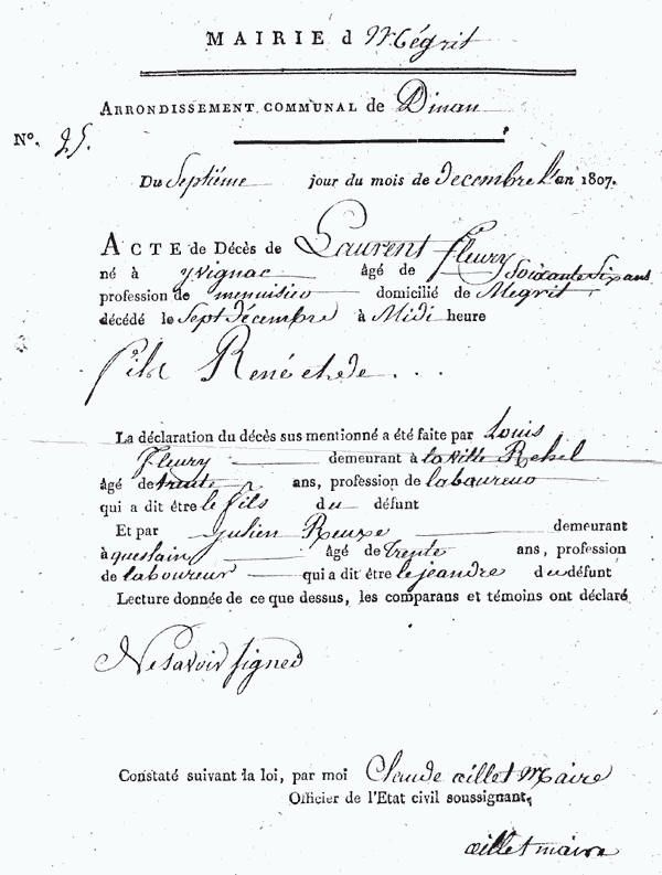 Acte de décès de Constant Laurent Fleury le 7 décembre 1807 à Mégrit