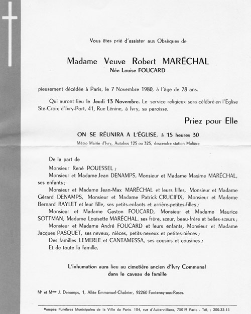 Avis de décès de Louise Maréchal