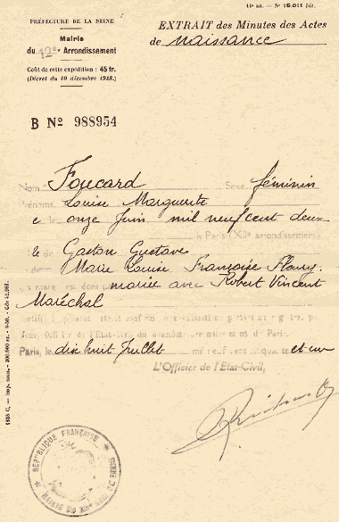 Acte de naissance de Louise Marguerite Foucard