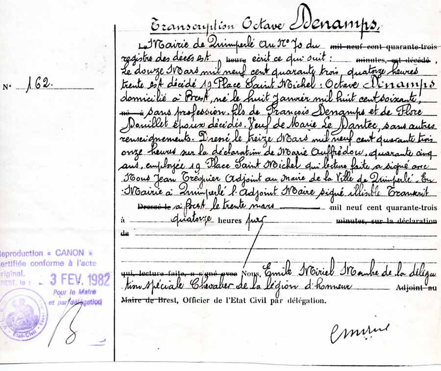 Acte de décès Octave Denamps