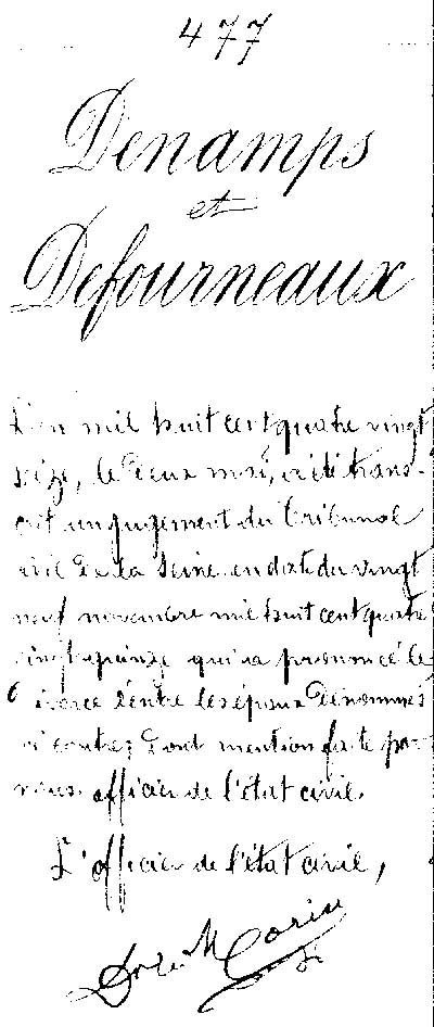 Acte de divorce Octave Denamps/Jeanne Defourneaux