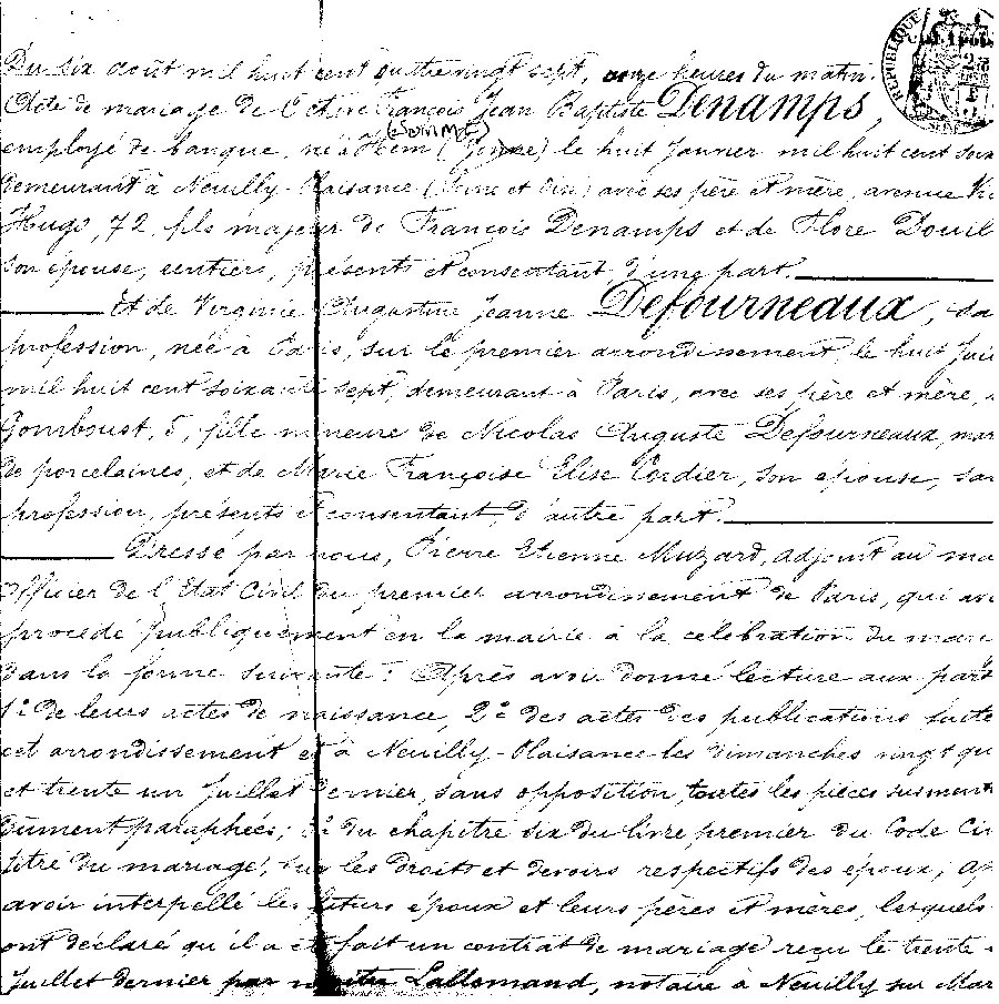 Acte de mariage Octave Denamps/Jeanne Defourneaux