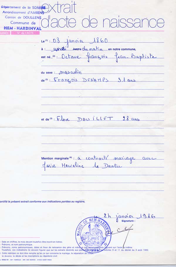 Extrait d'acte de naissance Octave Denamps