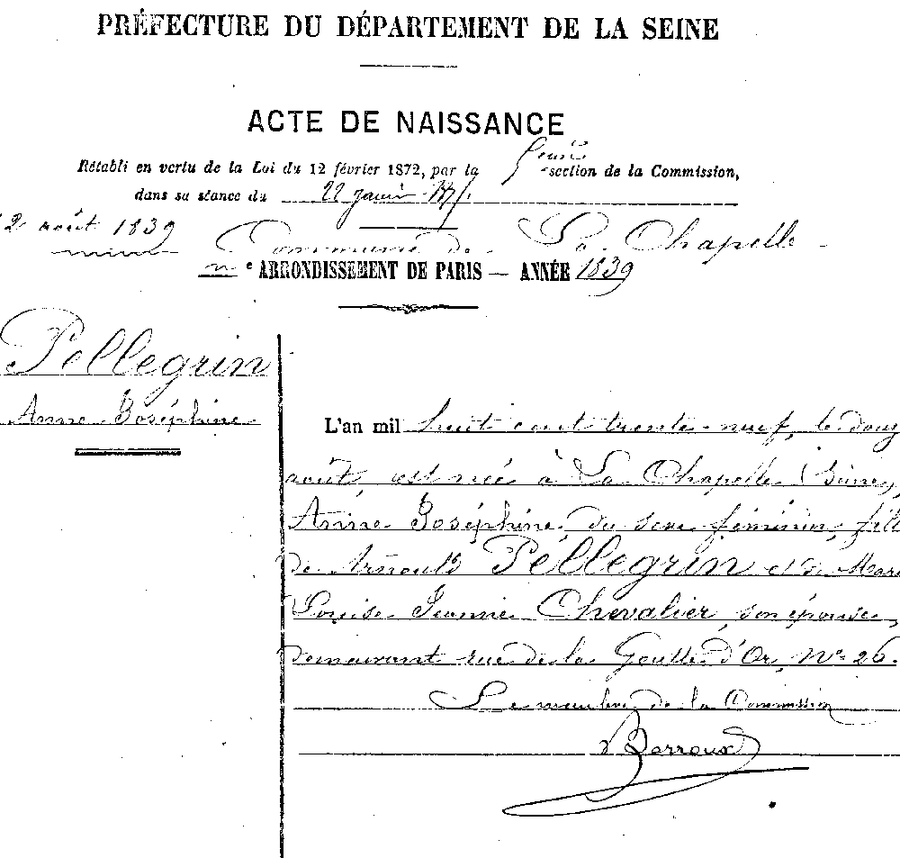 Acte de naissance de Anne Joséphine Pellegrin née le 12 août 1839