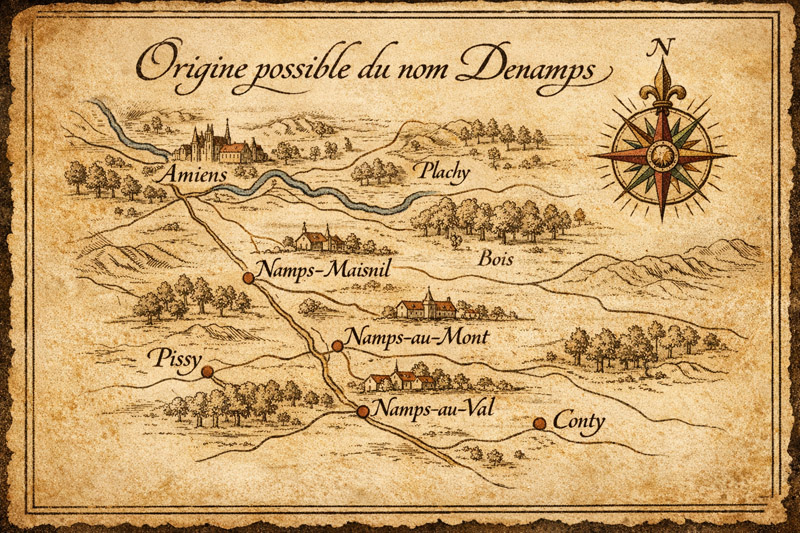 Carte ancienne montrant les villages de Namps et l'origine possible du nom Denamps