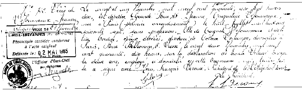 Acte de décès Jeanne Defourneaux