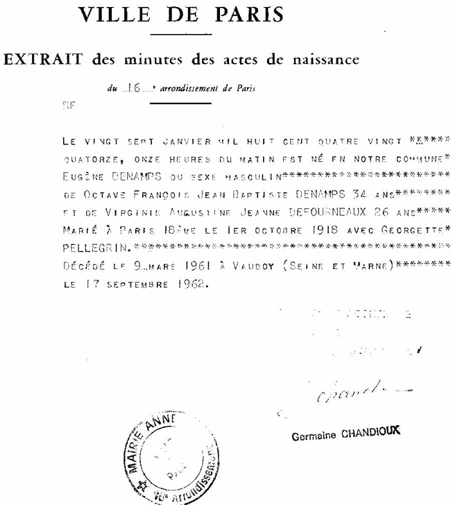 Acte de naissance d'Eugène James Denamps