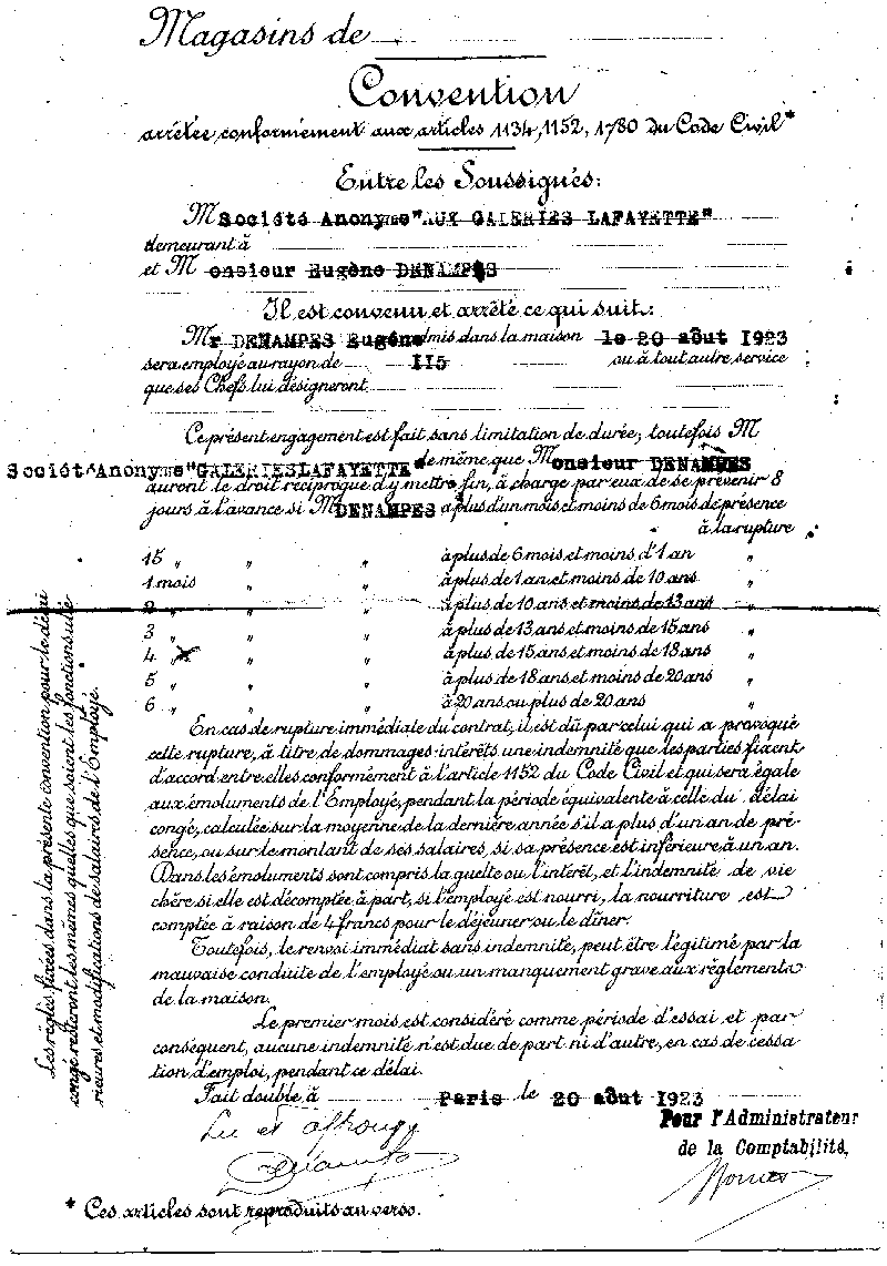 Contrat de travail Denamps/Galeries Lafayette