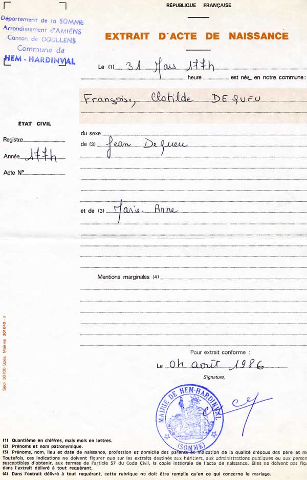 Acte de naissance de Françoise Dequeu le 31 mars 1774