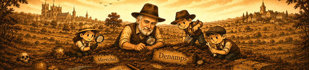 Illustration humoristique de généalogistes découvrant le nom Denamps