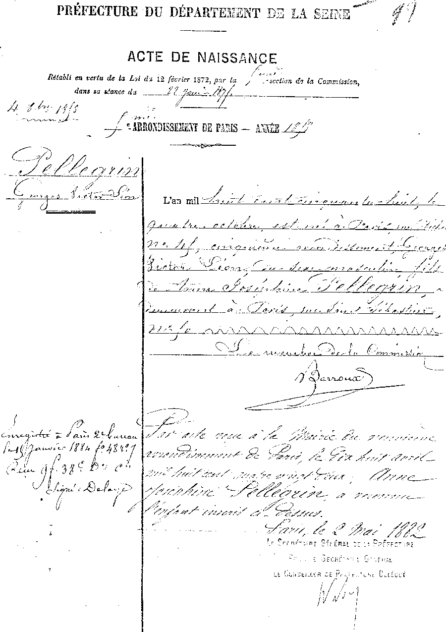 Acte de naissance de Georges Victor Léon PELLEGRIN