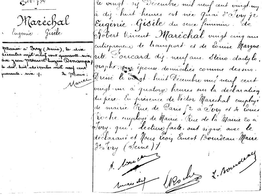 Acte de naissance de Gisèle Maréchal