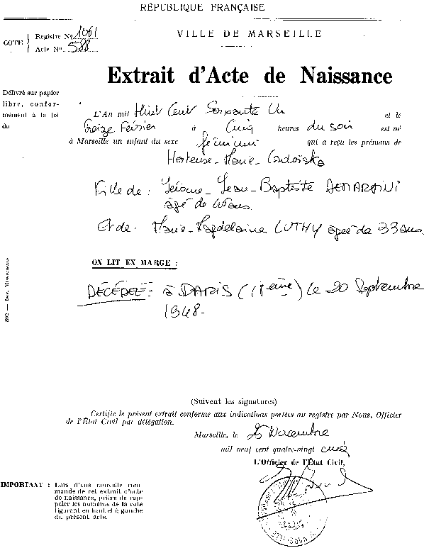 Acte de naissance d'Hortense Marie Lodoïska Demartini