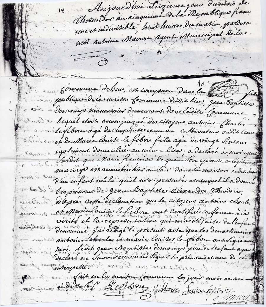 Acte de naissance de Jean-Baptiste Alexandre Théodore Desnamps