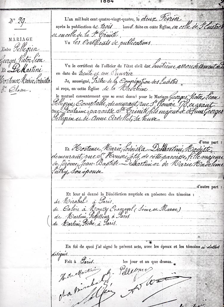 Acte de mariage de Hortense Marie Lodoïska Demartini et Georges Victor Léon Pellegrin