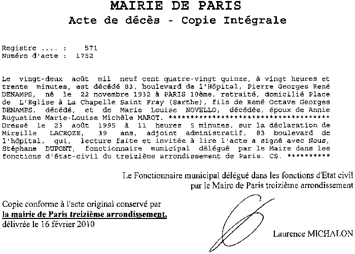 Avis de décès de Pierre Denamps