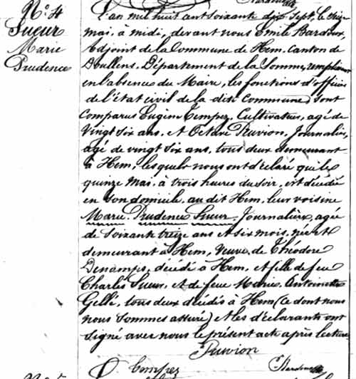 Acte de décès de Prudence Sueur