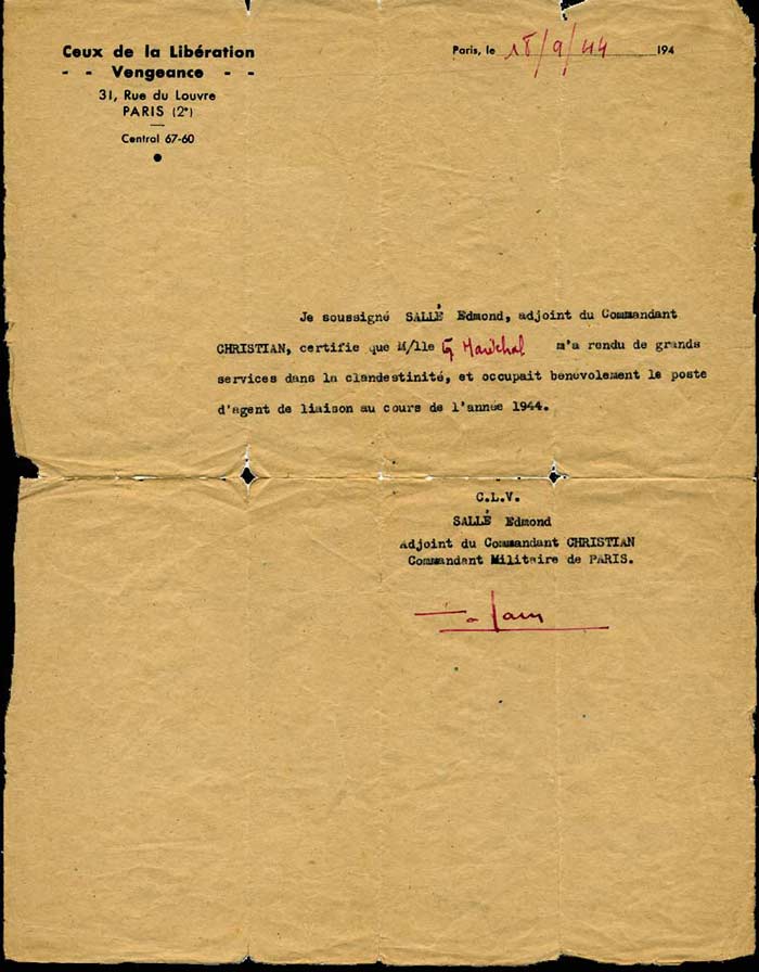 Certificat de résistante de Gisèle Maréchal