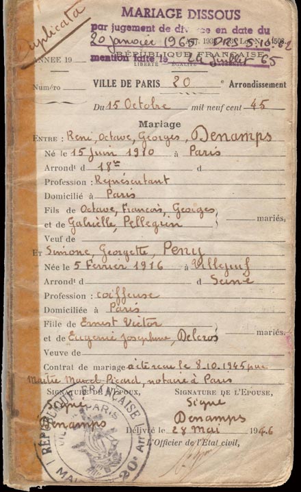 Acte de divorce Simone Peny - René Denamps