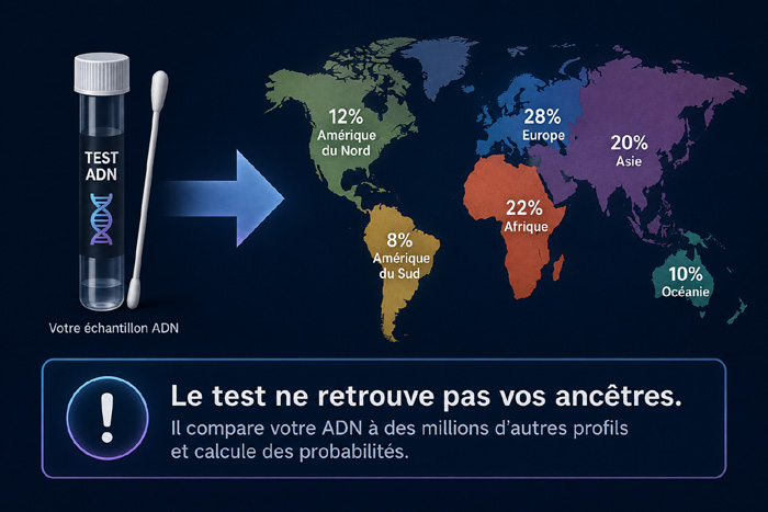 représentation d'un tube ADN face à une cartographie mondiale recouverte de statistiques